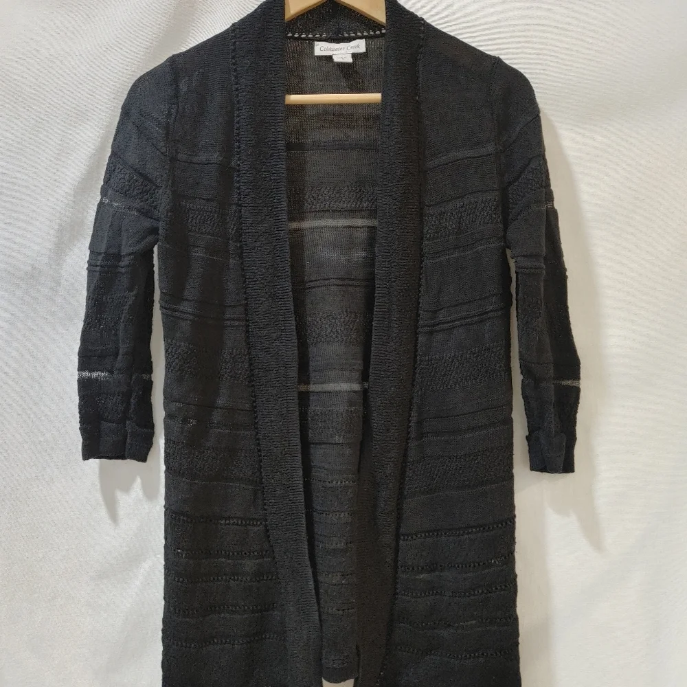 Coldwater Creek Open Front Lightweight Cardigan Longer Linen Blend Black Small S